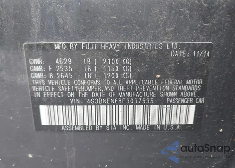 2015 Subaru Legacy 3.6R Limited из США, поврежденный, VIN 4S3BNEN68F3037535